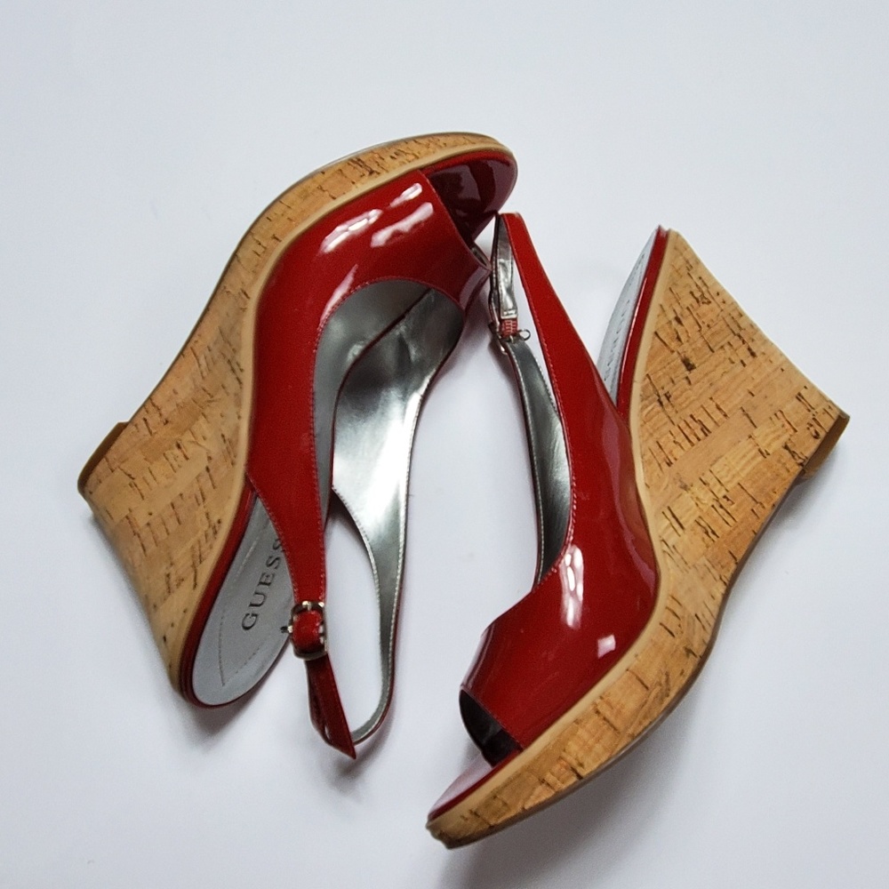 Guess Red Patent Peep Toe Wedge